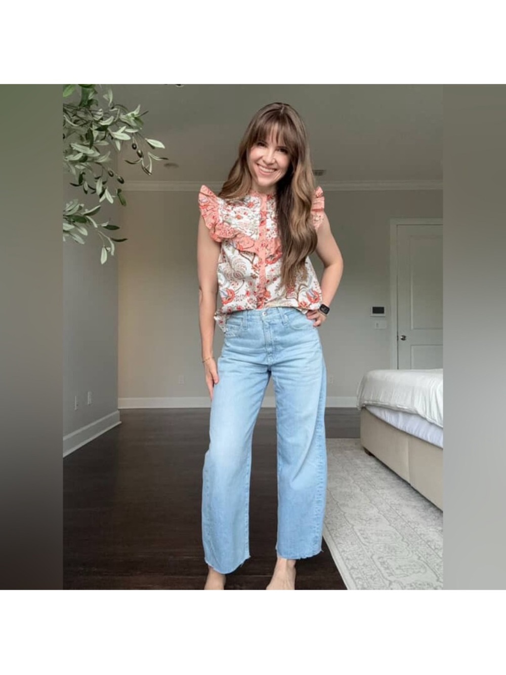 Sonmer xs Ruffled Floral Button-Front Blouse - White & Coral